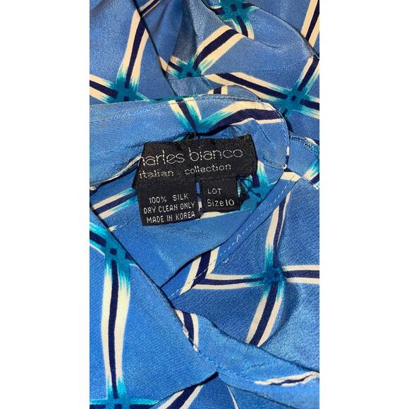 Vintage Charles Bianco 100% Silk Blue Print Collared Shift Dress    Size: 10 - Picture 3 of 5